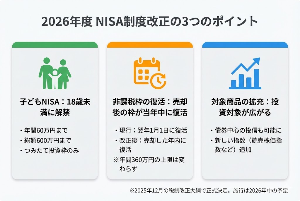 2026年度NISA制度改正の3つのポイント。子どもNISA解禁、非課税枠の当年中復活、対象商品の拡充。