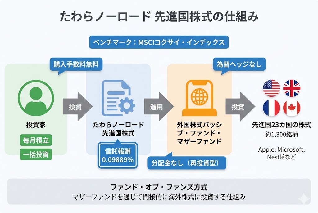 たわらノーロード 先進国株式の仕組みを示すフロー図。投資家がファンドに投資し、外国株式パッシブ・ファンド・マザーファンドを通じて先進国23カ国の約1,300銘柄に投資する流れを表示。