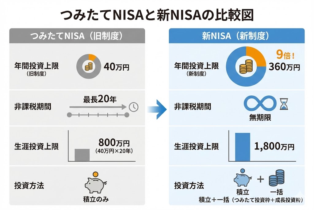 つみたてNISAと新NISAの比較図。年間投資上限は40万円から360万円に拡大、非課税期間は最長20年から無期限に、生涯投資上限は800万円から1800万円に増加。