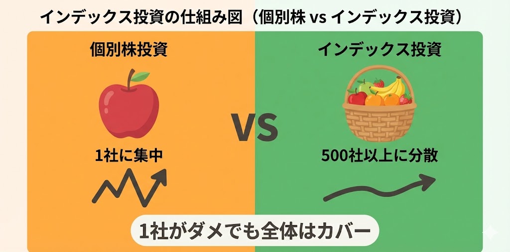 インデックス投資と個別株投資の比較図。個別株は1社に集中しリスクが高いが、インデックス投資は500社以上に分散してリスクを軽減できることを示している。