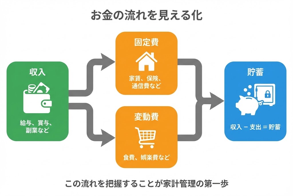 家計のキャッシュフロー構造図。収入から固定費と変動費を支出し、残りが貯蓄になる流れを示したフローチャート。