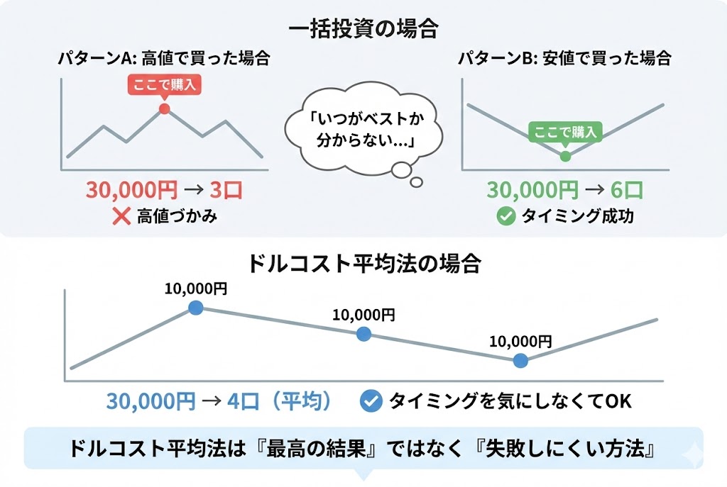 一括投資とドルコスト平均法の比較図。一括投資は購入タイミングで結果が大きく変わるが、ドルコスト平均法は定期購入で平均的な結果が得られ、タイミングを気にしなくて良いことを示している。