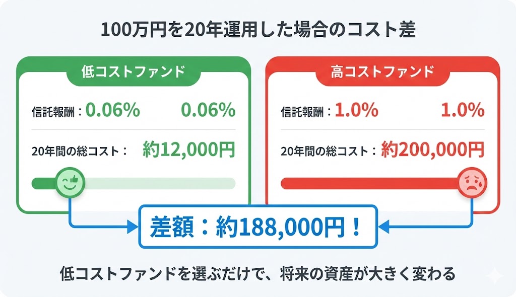 信託報酬の比較図。100万円を20年運用した場合、低コストファンド（0.06%）は約12,000円、高コストファンド（1.0%）は約200,000円のコストがかかり、約188,000円の差が生じることを示している。