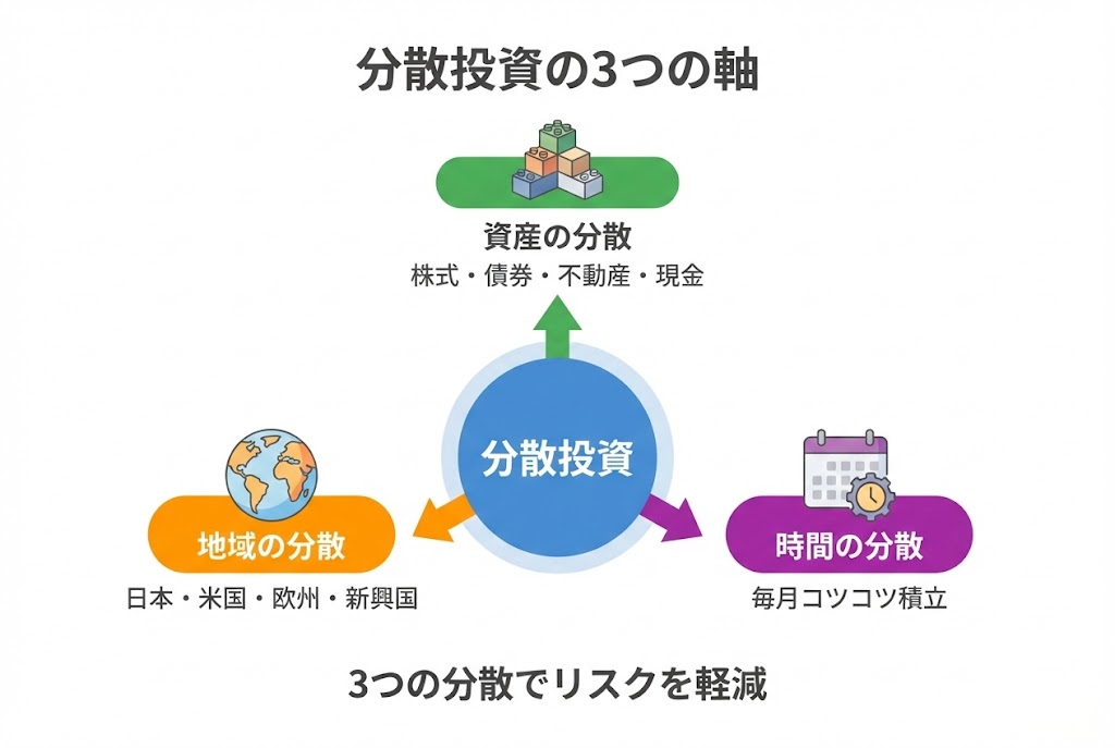 分散投資の3つの軸を示す図。中央に「分散投資」、周りに「資産の分散（株式・債券・不動産・現金）」「地域の分散（日本・米国・欧州・新興国）」「時間の分散（毎月コツコツ積立）」の3つが配置されている。