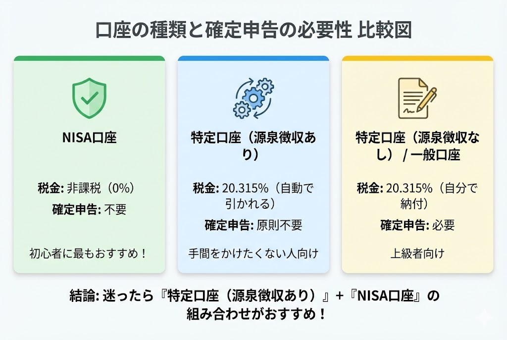 投資口座の種類（NISA口座、特定口座、一般口座）と確定申告の必要性を比較した図。NISA口座は非課税で確定申告不要、特定口座（源泉徴収あり）は税金が自動で引かれ確定申告原則不要、一般口座は確定申告が必要。