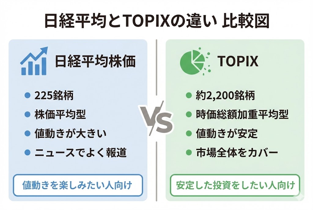 日経平均とTOPIXの比較図。日経平均は225銘柄・株価平均型・値動きが大きい。TOPIXは約2,200銘柄・時価総額加重平均型・値動きが安定。