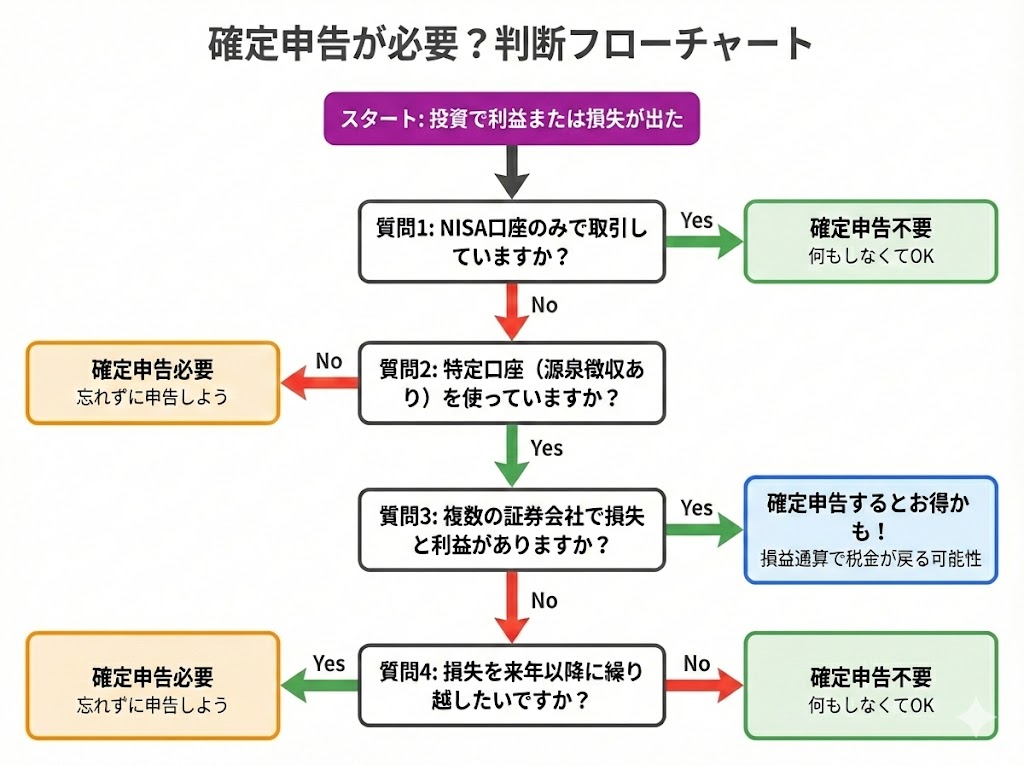 確定申告が必要かどうかを判断するフローチャート。NISA口座のみなら確定申告不要、特定口座（源泉徴収あり）なら原則不要だが複数証券会社で損益通算する場合や損失繰越したい場合は申告が必要。