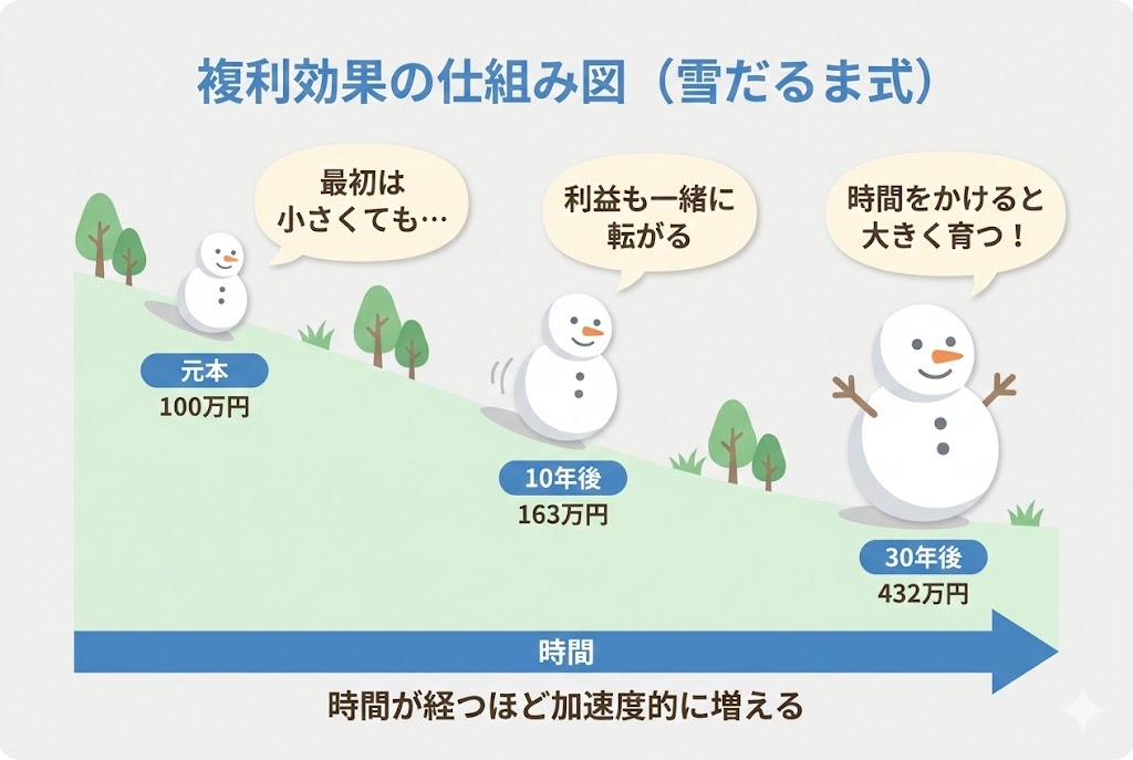 複利効果を雪だるまに例えたイラスト。小さな雪だるま（元本100万円）が坂道を転がり、10年後には163万円、30年後には432万円の大きな雪だるまに成長する様子を示している。
