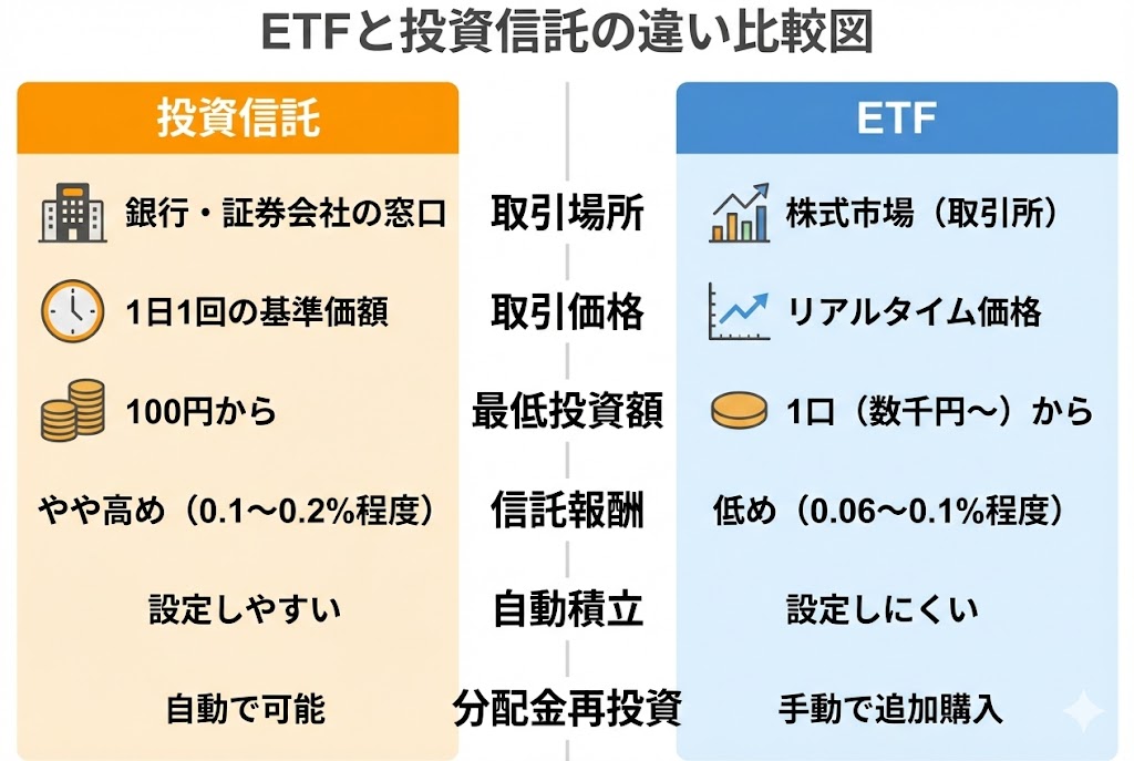 ETFと投資信託の違いを示す比較表。取引場所、取引価格、最低投資額、信託報酬、自動積立のしやすさ、分配金再投資の6項目で比較している。