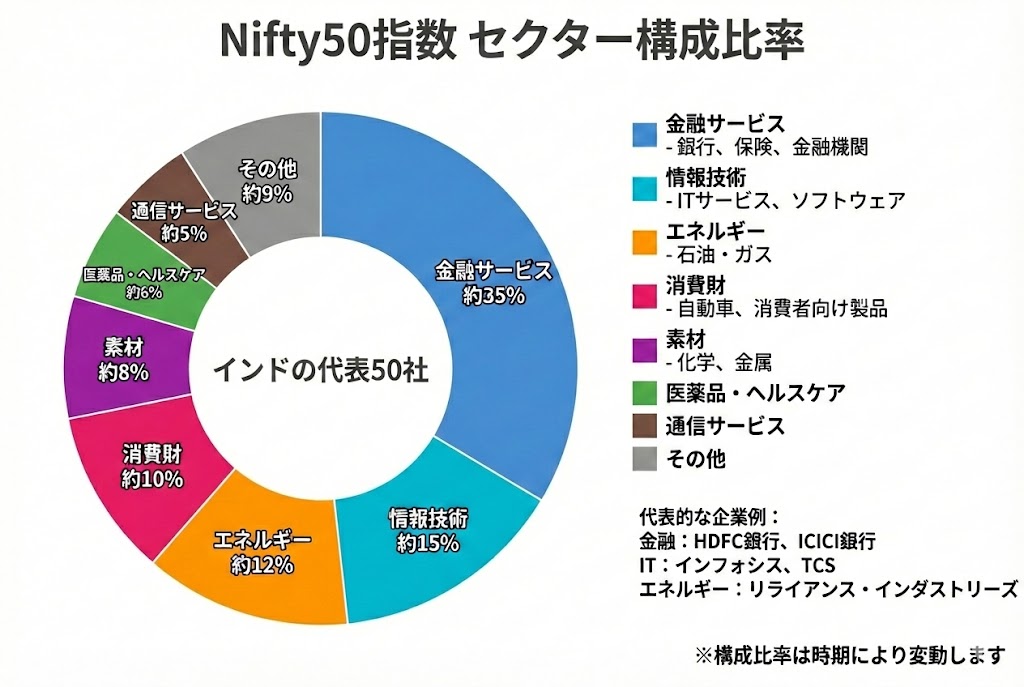 Nifty50指数のセクター構成比率を示すドーナツチャート。金融サービスが約35%で最大、情報技術が約15%、エネルギーが約12%、消費財が約10%、素材が約8%、医薬品・ヘルスケアが約6%、通信サービスが約5%、その他が約9%。代表的な企業としてHDFC銀行、インフォシス、リライアンス・インダストリーズなどが含まれる。
