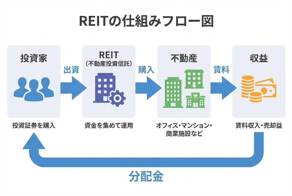 REITの仕組みを示すフロー図。投資家がREITに出資し、REITがオフィスビルやマンションなどの不動産を購入。不動産から得られる賃料収入や売却益がREITを通じて投資家に分配金として還元される流れを図解している。