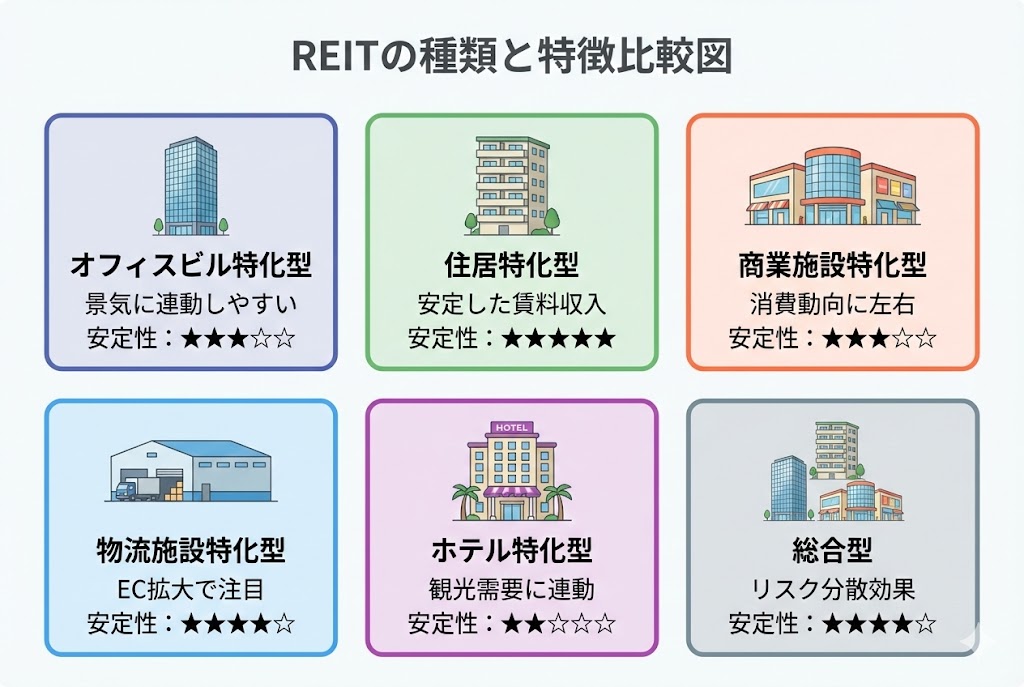 REITの6つの種類を比較した図。オフィスビル特化型(景気連動)、住居特化型(安定性高い)、商業施設特化型(消費動向に左右)、物流施設特化型(EC拡大で注目)、ホテル特化型(観光需要連動)、総合型(リスク分散)の特徴と安定性を星の数で表示している。