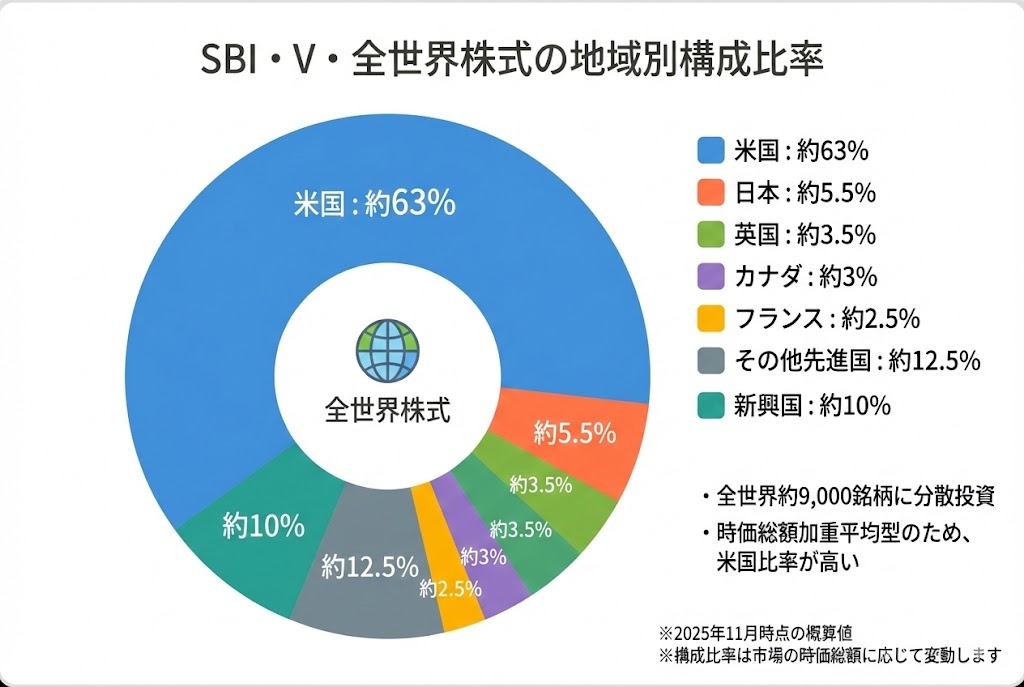 SBI・V・全世界株式インデックス・ファンドの地域別構成比率を示す円グラフ。米国が約63%と最大の比率を占め、日本が約5.5%、英国が約3.5%、新興国が約10%と続く。全世界分散でも米国の比率が高いことを示している。