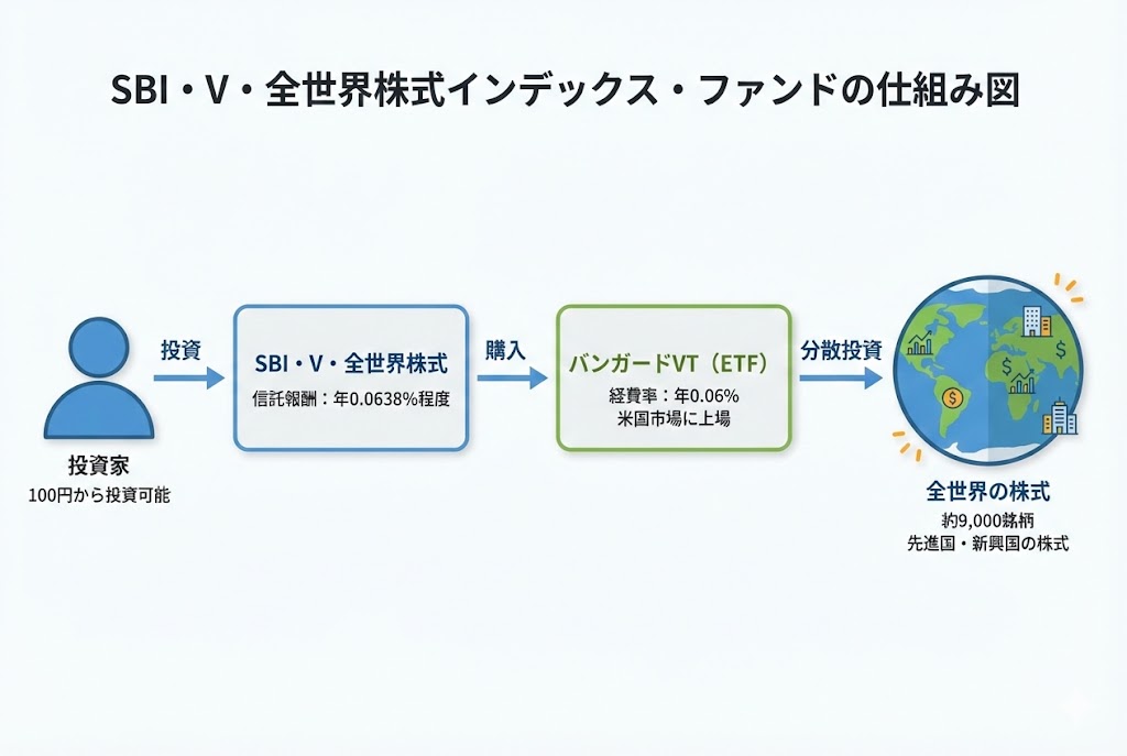 SBI・V・全世界株式インデックス・ファンドの投資の仕組みを示すフロー図。投資家のお金がファンドを通じてバンガードのVT(ETF)に投資され、全世界約9,000銘柄に分散投資される流れを表示。