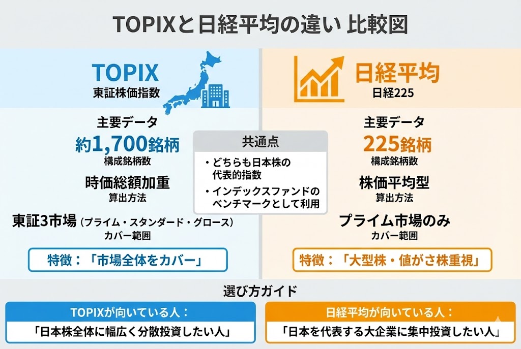 TOPIXと日経平均の違い比較図。TOPIX:約1,700銘柄、時価総額加重、東証3市場。日経平均:225銘柄、株価平均型、プライム市場のみ