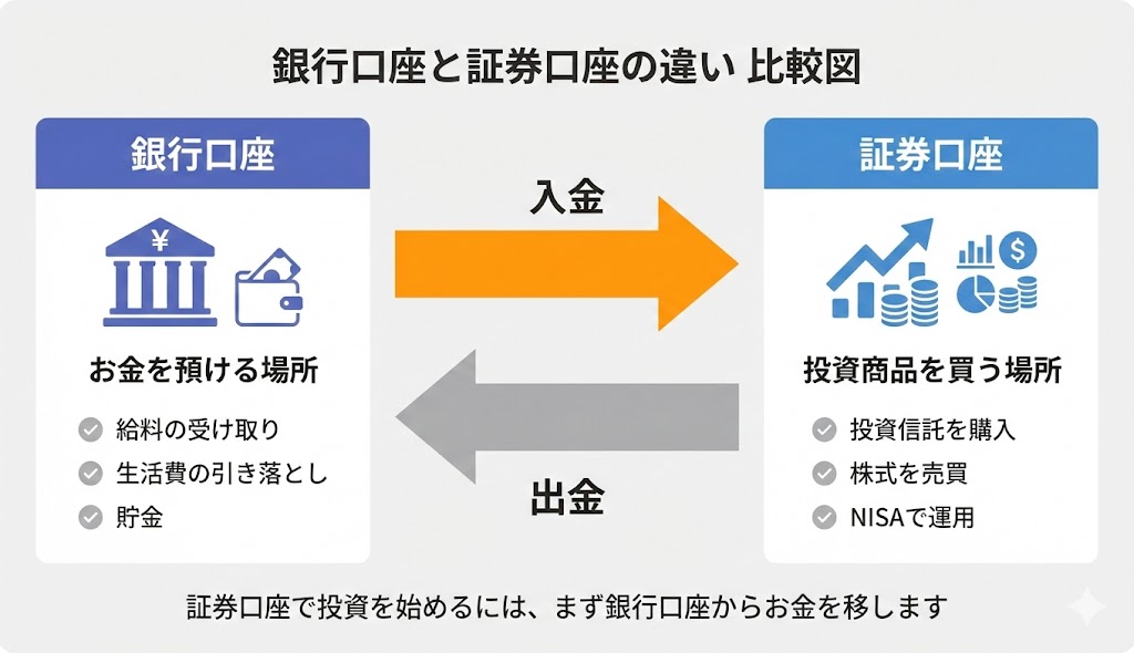 銀行口座と証券口座の違いを示す比較図。銀行口座はお金を預ける場所で給料受取・生活費引落・貯金に使用。証券口座は投資商品を買う場所で投資信託・株式売買・NISA運用に使用。