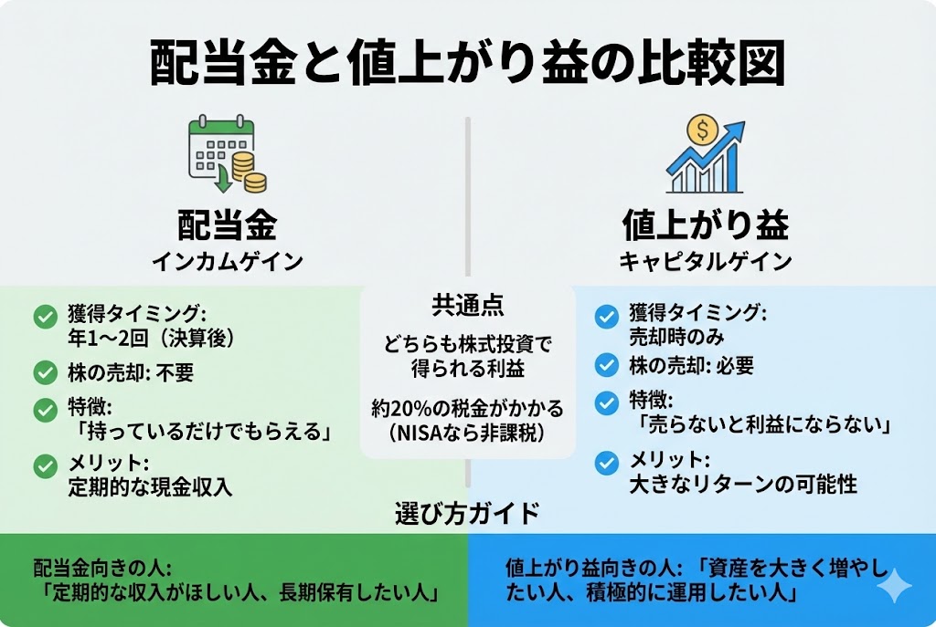 配当金(インカムゲイン)と値上がり益(キャピタルゲイン)の違いを比較した図。配当金は株を持っているだけで年1〜2回もらえる定期収入、値上がり益は株を売却したときに得られる利益。