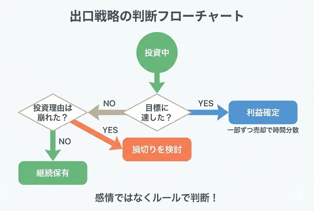出口戦略の判断フローチャート。目標達成またはシナリオ崩壊の2つの基準で売却を判断する流れを図解