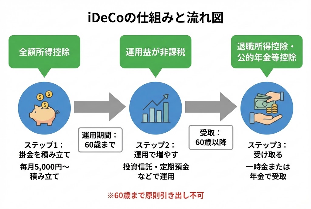 iDeCoの仕組みを示すフロー図。掛金を積み立て(全額所得控除)、運用で増やす(運用益非課税)、60歳以降に受け取る(退職所得控除等適用)という3つのステップを矢印でつないで表示。