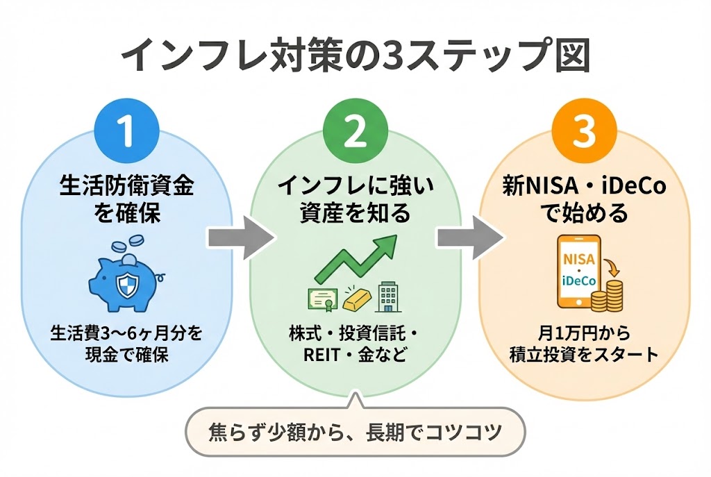インフレ対策の3ステップを示すフロー図。ステップ1は生活防衛資金の確保(生活費3〜6ヶ月分)、ステップ2はインフレに強い資産を知る(株式・投資信託・REIT・金)、ステップ3は新NISA・iDeCoで月1万円から積立投資を始めるという流れを図解している。