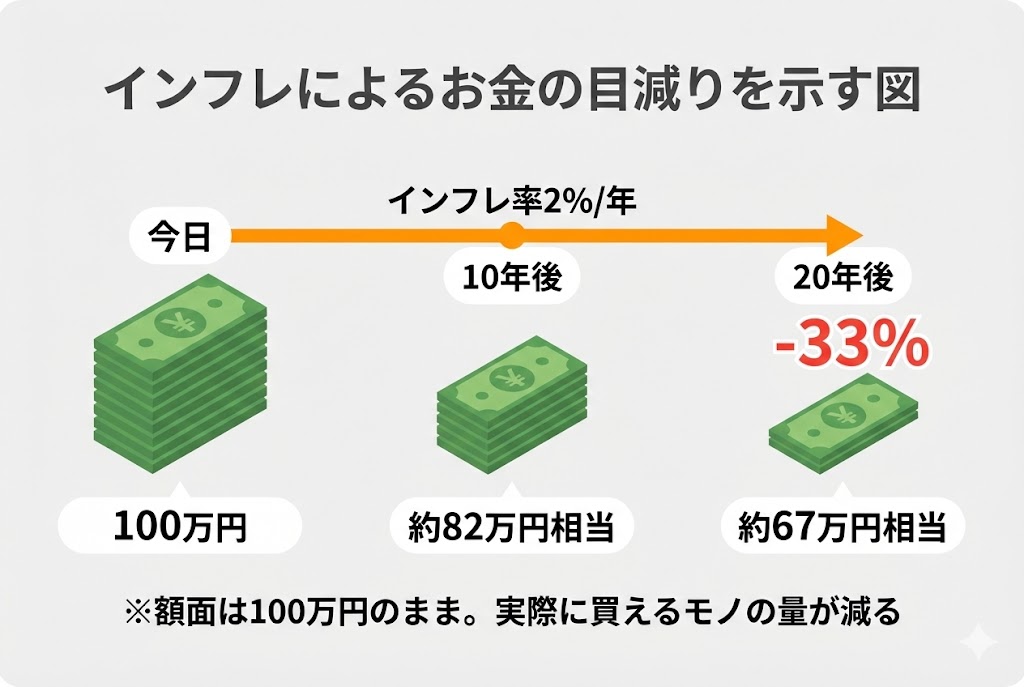 インフレ率2%が20年続いた場合の100万円の実質価値の推移を示す図。今日の100万円が10年後には約82万円相当、20年後には約67万円相当まで目減りすることを視覚的に表現している。