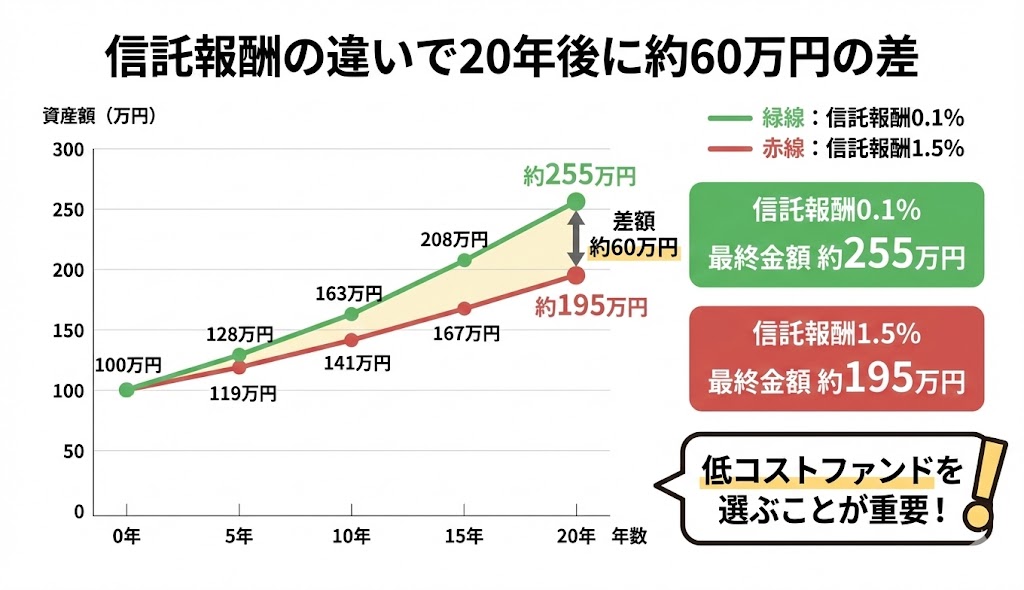 信託報酬の違いによる20年後の資産額を比較した折れ線グラフ。信託報酬0.1%の場合は約255万円、1.5%の場合は約195万円となり、約60万円の差が生じることを示している