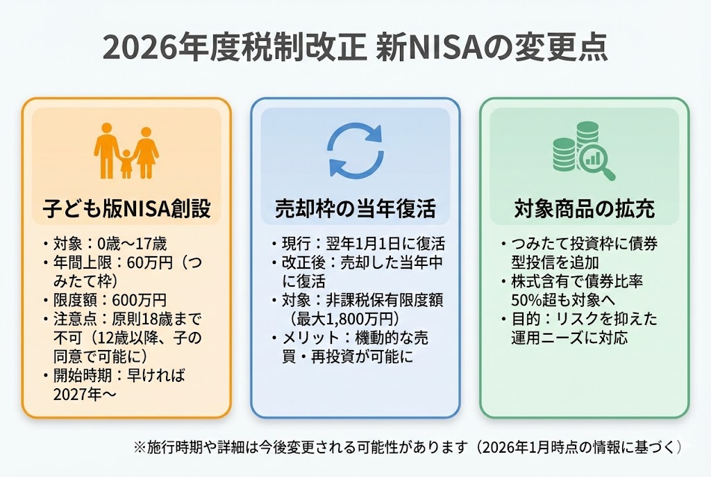 2026年度税制改正による新NISAの変更点を3つのカードでまとめた図。1.子ども版NISAの創設(0歳〜17歳、年間60万円、限度額600万円)、2.売却した非課税枠の復活タイミングが翌年から当年中に変更、3.つみたて投資枠の対象商品に債券型投信を追加。