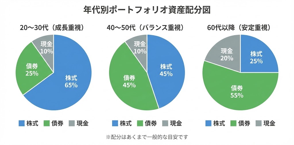 年代別ポートフォリオ資産配分の比較図。20〜30代は株式65%・債券25%・現金10%、40〜50代は株式45%・債券45%・現金10%、60代以降は株式25%・債券55%・現金20%を示す円グラフ