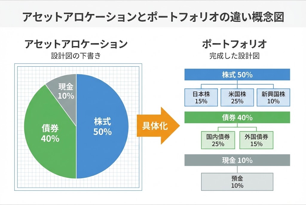 アセットアロケーションとポートフォリオの違いを示す概念図。左側はアセットアロケーション（設計図の下書き）として株式50%・債券40%・現金10%という大枠の配分を示し、右側はポートフォリオ（完成した設計図）として日本株・米国株など具体的な商品への詳細な配分を示している