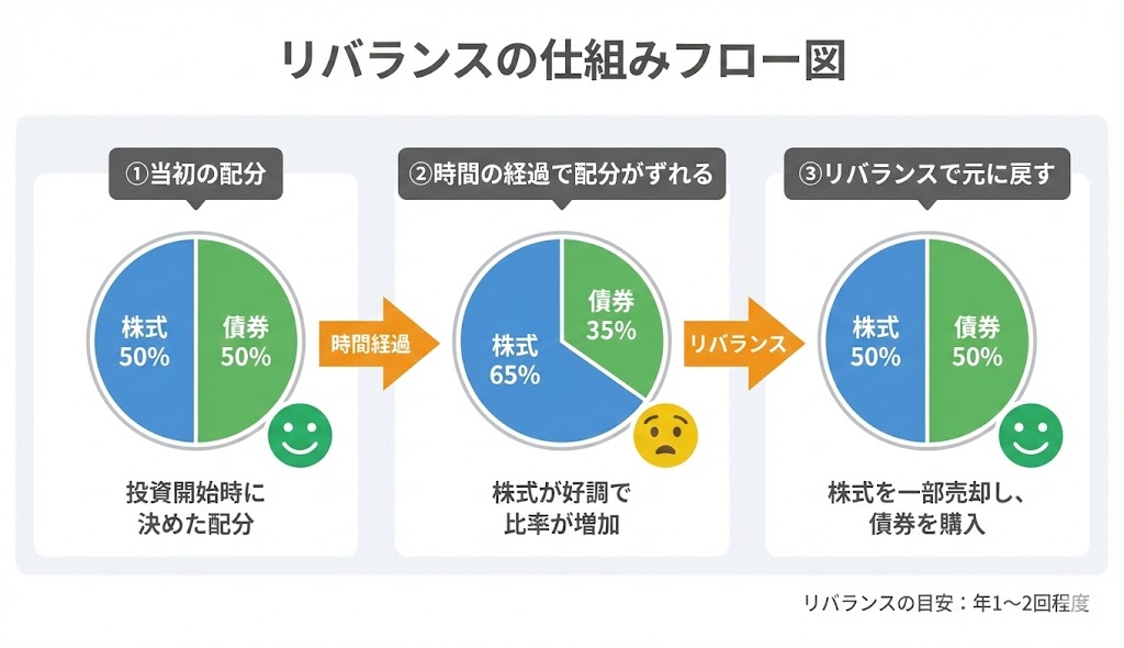 リバランスの仕組みを3ステップで示すフロー図。①当初の配分（株式50%・債券50%）から、②時間経過で株式65%・債券35%にずれ、③リバランスによって元の50%・50%の配分に戻す流れを図解