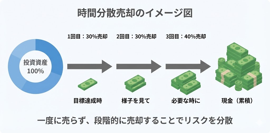 時間分散売却のイメージ図。投資資産を一度に売るのではなく段階的に売却して現金化する流れを図解
